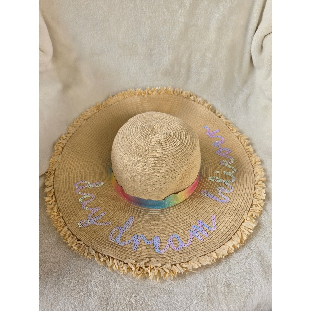 P.S. from Aeropostale Girls Straw Sun Hat Day Dream Sequin Rainbow Fringe Tan